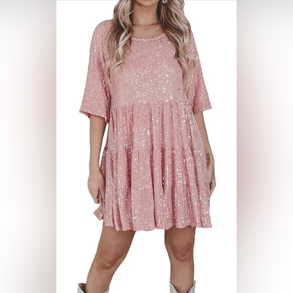 Amazon Pink Sequin Knee Length Dress - Picture 1 of 4